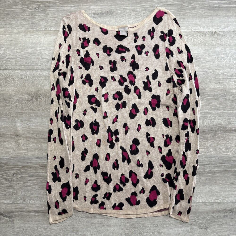 Chico’s Leopard Print Sweater Womens Size 2 Beige Pink Animal Print Knit Top